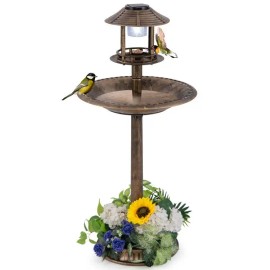 Solar-Lighted Pedestal Bird Bath with Feeder and Flower Planter for Backyard BirdingColor: Green Color