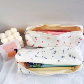 2Pcs Live Lovely Small Floral Prints Pencil Case Cotton Zipper Pen Pouch Stationery Case Comsmetic Makeup Bag for Girls Women, Little Freshness Style Girl's Heart Stationery Storage Bag, Pencil Cases