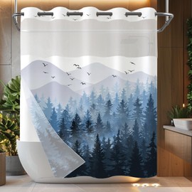 Accnicc No Hook Shower Curtain with Snap in Liner Blue Misty Forest Hookless Shower Curtains for Bathroom Foggy Nature Pine Tree Mountain Woodland Waterproof Fabric Bath Curtain Decor 71×74In