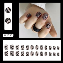 Vezocim Press on Nails Square Short Sets, 24Pcs Matte Artificial Nude Fake Nails with Black Mountain Line Designs, Full Cover Acrylic Coffin False Fingernails with Charm for Women Girls