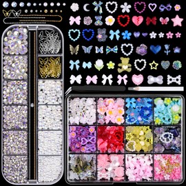 3D Nail Charms and Gems, Flatback Nail Rhinestones and Pearls Colorful Nail Flowers Heart Butterfly Bear Moon Bow Charms, Alloy Beads Chain Bedazzling Gems Nail Accessories
