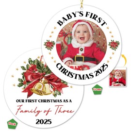 Baby's First Christmas Ornament 2025 Baby Picture Frame Newborn Gift-First Time Parents Present Family of Three for New Parents Double Sided Printing Photo Frame Ornament Xmas Tree Decoration (2)