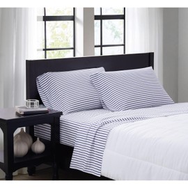 TRULY SOFT Pinstripe White and Navy Polyester 4-Piece King Sheet Set, Stripe Themed, for Men and Women, Oeko-TEX Certified Confidence