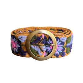 Handmade Peruvian Ayacucho Belt - Embroidered Belt for Women, Round Buckle, Floral Design, Adjustable, Durable (Yellow, Round Buckle)