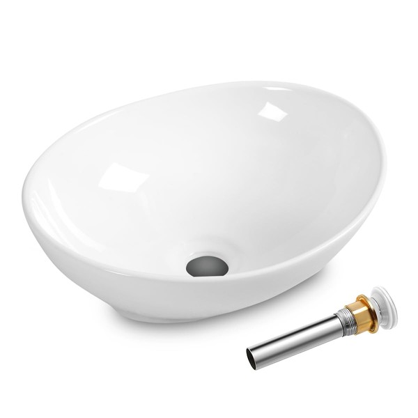Giantex Bathroom Sink, Vessel Sink 16x13 Inch, Basin Porcelain with Anti-clogging Pop Up Drain, Countertop Bathroom Vanity Vessel Sink, Oval Ceramic Sink Bowl, Bathroom Vessel Sink, White