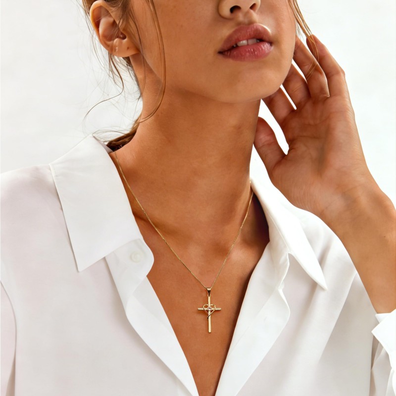 Eesphy Cross Heart Necklace, 18K Gold Plated Crystal Pendant for