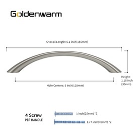goldenwarm Curved Cabinet Handles Solid Zinc Alloy Hardware for Dresser Brushed Nickel Drawer Pulls 5 Inch Hole Center, 25 Pack