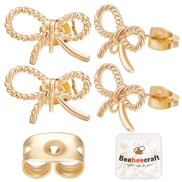 Beebeecraft 1 Box 20Pcs Bowknot Earring Stud Findings 18K Gold