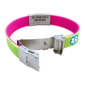 Sport Slim Medical ID Bracelet - Green or Pink. Reversible, Hypoallergenic, Silicone Bracelet, Customized Laser Engraving, Medical Alert Card, Complimentary Access PHR (Personal Health Record)