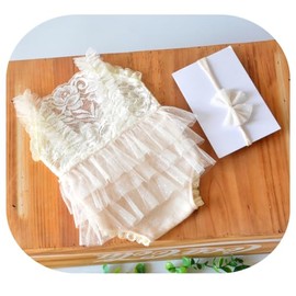 Coberllus Newborn Baby Photo Props Lace Headdress Rompers Outfits for Girls Photography Shoot (Cream)
