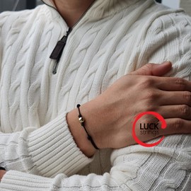 14K Gold Beaded Bracelet - Unisex Red String Design - Yellow & White Gold Options - Elegant Cord Jewelry Gift (Black, Yellow Gold (black 8mm bead, yellow-gold)