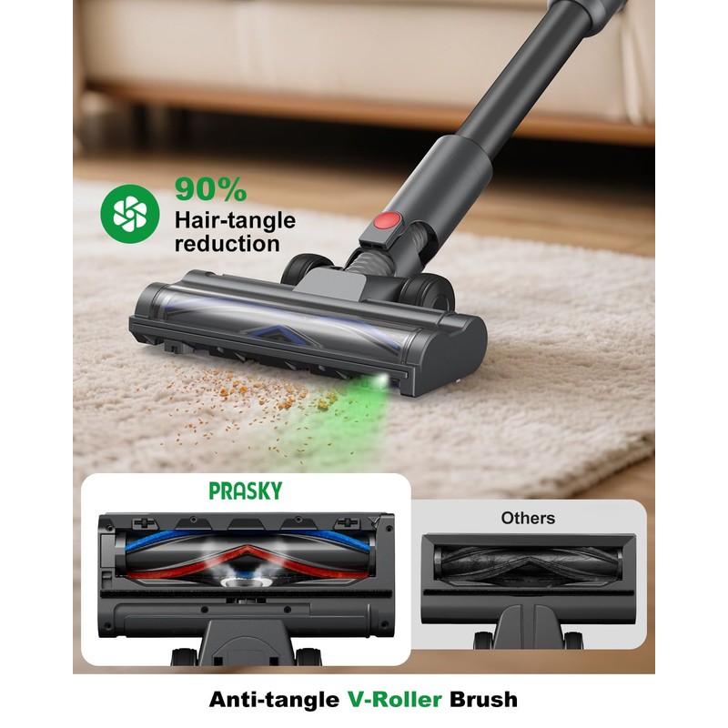 Prasky Cordless Vacuum Cleaner, Stick Vacuum Foldable Rechargeable, Powerful Suction