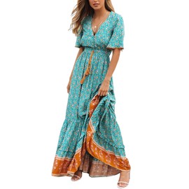 R.Vivimos Womens Summer Cotton Short Sleeve V Neck Floral Print Casual Bohemian Midi Dresses (XL, Green)
