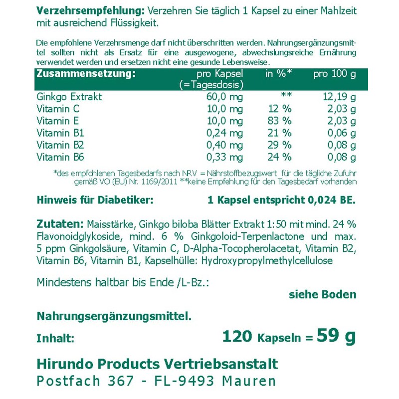 Ginkgo 60 mg Extract Vegan Capsules Pack of 120 -