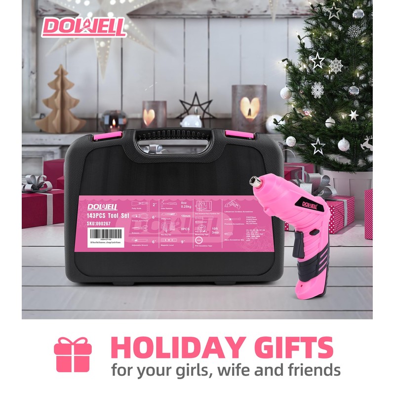 143 Pcs Pink Homeowner Tool Set with 3.6V Cordless Screwdriver