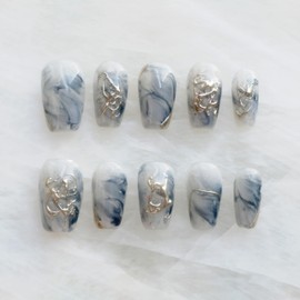 [GLORS] Pure Handmade Medium Ballerina Press-On Nail | Blue Marble & Silver Metallic Fake Nails, Pack of 10 (Medium, MB)