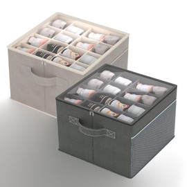 artgeeker Shoe Organizer for Closet- Fits 16 Pairs, Large Foldable Shoe Storage with Clear Cover, Beige Adjustable Dividers Shoe Containers with Mesh Pockets and Pull Handles (Grey+Beige)