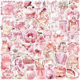 HJHEJST 50pcs Coquette Pink Vintage Cartoon Stickers, Vinyl Waterproof Aesthetic Stickers for Kids Girls Water Bottles Laptop Computer Phone Guitar (Pink)