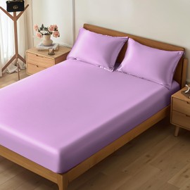 VACVELT 2-Piece Satin Fitted Sheet Set Twin Size, Lavender Bottom Bed Sheet with 1 Pillowcase, Similar to Silk Sheets, Luxury & Silky Bedding Set, 15 Inch Deep Pocket