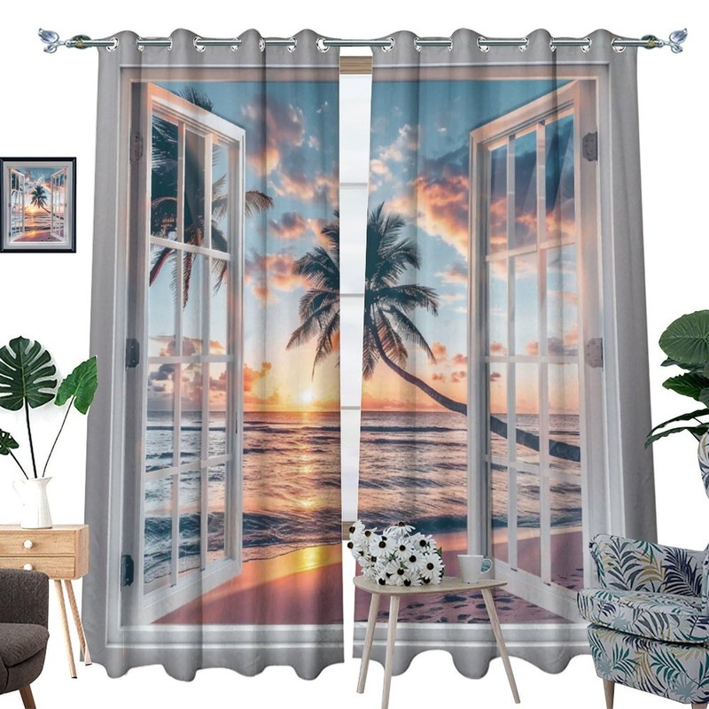 HDESDIS Sunset Ocean Beach Grommet Blackout Curtains for Bedroom, Tropical