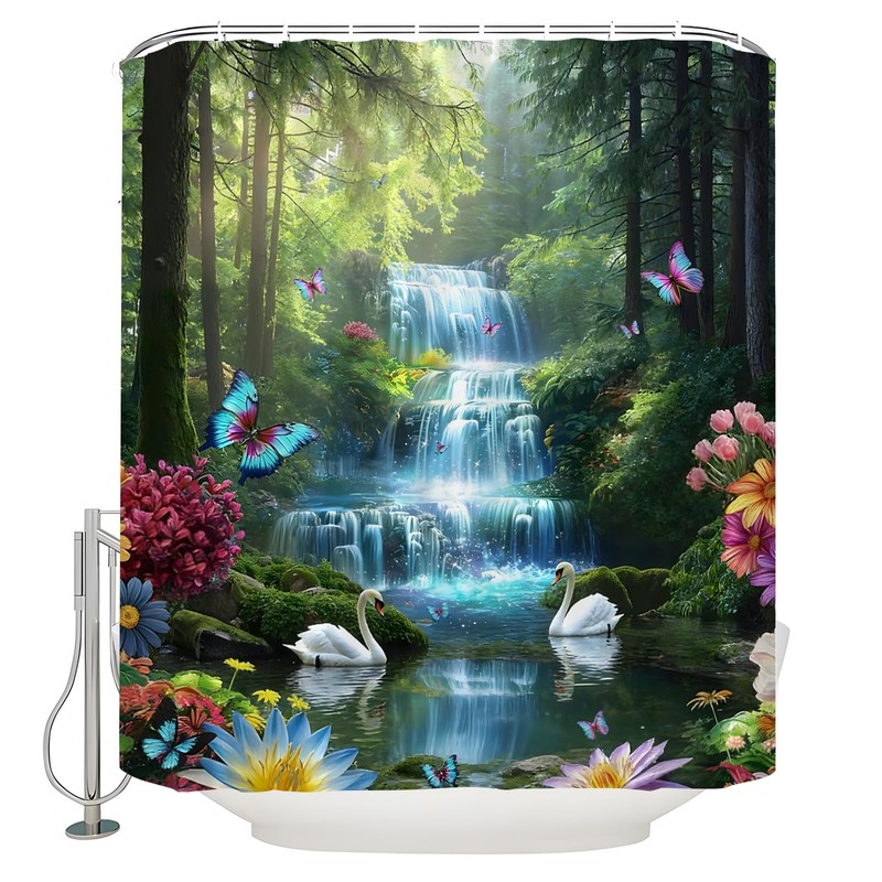 Rainforest Waterfall Shower Curtain Tropical Floral Butterfly Nature Green Tree
