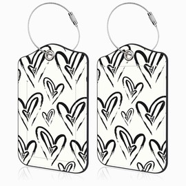 Abstract Black and White Hearts Set of 2 Luggage Tags for Suitcases Leather Suitcase Tags Identifiers with Privacy Name Address Label and Stainless Steel Loop for Women Men Travel Luggage Accessories