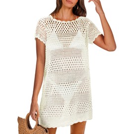 ANRABESS Women Swimsuit Crochet Swim Cover Up Summer Bathing Suit Swimwear Knit Short Sleeve Pullover 2025 Beach Dress White Medium