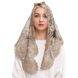 Spanish Mantilla Gold Chaple Veil Traditional Catholic Mass Church Head Covering Embroidery Triangle First Coummunion Latin Mass Veil (Gold Black)