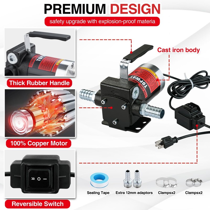TOPWAY 110V AC Gasoline Fuel Pump 3.7GPM Self-priming Oil Transfer
