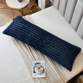 Uhamho Large Bed Body Pillow Cover 1 Pack Lumbar Striped Pillowcase Modern Home Decorative Soft Faux Rabbit Fur and Velvet Back 21x 54 Inches Zipper Closure, Navy