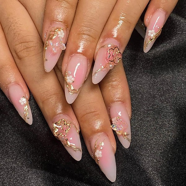 Flower Rhinestones Press on Nails Gold Line Fake Nails with