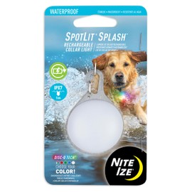 Nite Ize SpotLit Splash Waterproof Rechargeable Collar Light - Supports Visibility on Night Walks - Four Colors in Glow, Flash or Color-Changing Disc-O Mode - Waterproof & Submersible - Disc-O Tech