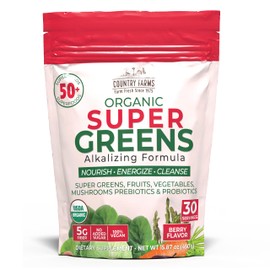Country Farms Super Greens Berry Flavor, 50 Organic Super Foods, USDA Organic Drink Mix (Wheat Grass, Spirulina, Chlorella) Mushrooms & Probiotics, with Fiber, Gut Health, Natural Energy, 30 Servings