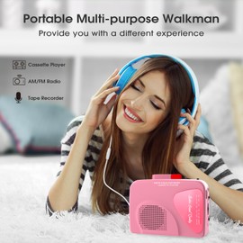 Cassette Player Tape Recorders AM/FM Radio, Portable Tape Player Records Built in Speakers Manual Record - 2AA Battery Or DC 5V Supply with 3.5MM Earphone- Pink