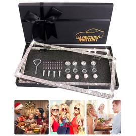 MAYEHAY AB Colorful Rhinestone License Plate Frame Bling License Plate Frame for Women 2 Packs Diamond License Plate Frame Glitter License Plate with AB Colorful tire Valve Covers in Giftbox