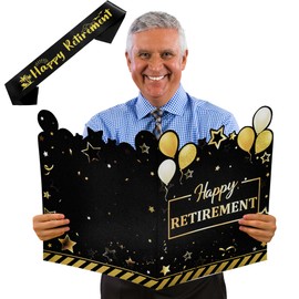 Happy Retirement Party Decorations Card with Retirement Sash, Black Gold Large Retirement Card for Signing, Jumbo Retired Guest Book Greeting Card, Giant Farewell Retired Card Gifts for Men, Women