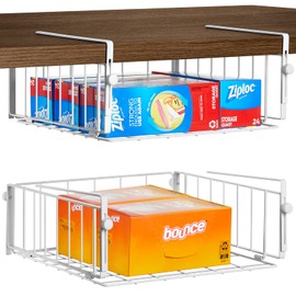 AmonHouseware 2 Pack Hanging Under Shelf Storage Basket,Adjustable Under Cabinet Add-on Storage Racks Slide-in Baskets Organizer for Laundry Room Kitchen Pantry Desk Bookshelf, White