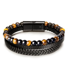 Mens Multilayer Natural Tiger Eye Stone Bead Braised Leather Bracelet Magnetic Stainless Steel Clasp in Black Gift Idea for Men & Boys Jewelry (19)