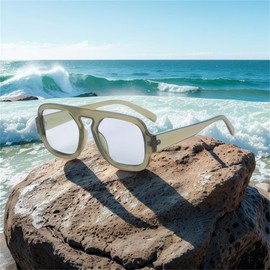 ADE WU Trendy Square Sunglasses for Women Men 70s Oversized Aviator Fashion Summer Boho Stylish Sun Glasses, Green Frame Light Green Lense
