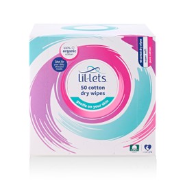 Lil-Lets Cotton Dry Towels/Wipes x 50 count (1 pack), Natural Organic Cotton, Gentle on Skin, Absorbent and Strong, Dry or Wet use, Face Towel, Dermatologically Tested, Safe for Sensitive Skin