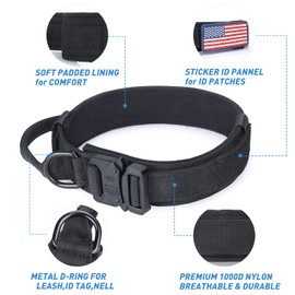 Tactical Dog Collar - Military Dog Collar for Large Dogs - Adjustable Nylon Collar with Handle, Heavy Duty Metal Buckle K9 Collar with USA Flag and Reflective Patch Great for German Shepherd（Black, L）