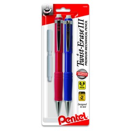 Pentel Twist-Erase III Automatic Pencil with 2 Eraser Refills, 0.9 mm, Assorted Barrels, 2 Count (QE519BP2-K6)