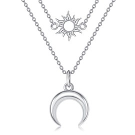 POPLYKE Moon Sun Necklace 925 Sterling Silver Moon Necklace Sun Necklace Double Chains Layered Necklaces for Women 14"+16"+2"Chain