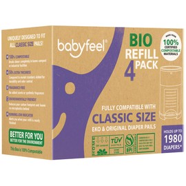 Babyfeel BIO Refills Compatible with DEKOR CLASSIC Diaper Pails | 100% Compostable |4 Pack |50% Extra Thickness | Compost Refill bags with Running Low Indicator |Powerful Odor Control | Fragrance-free