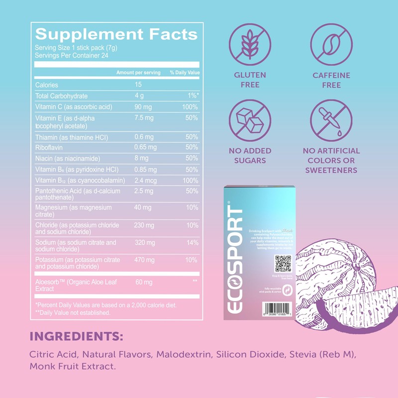 EcoSport Instant Hydration Packets, Watermelon – Electrolytes, Vitamin C, B