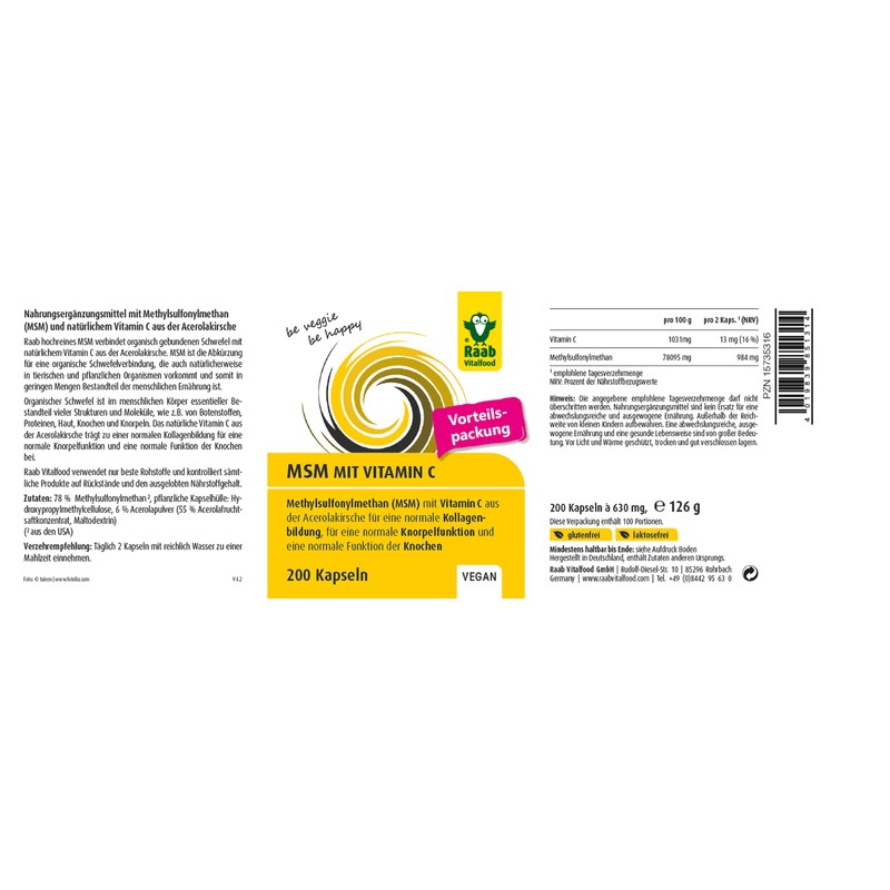 Raab Vitalfood MSM Capsules Methylsulfonylmethane Vitamin C 200 Pack High