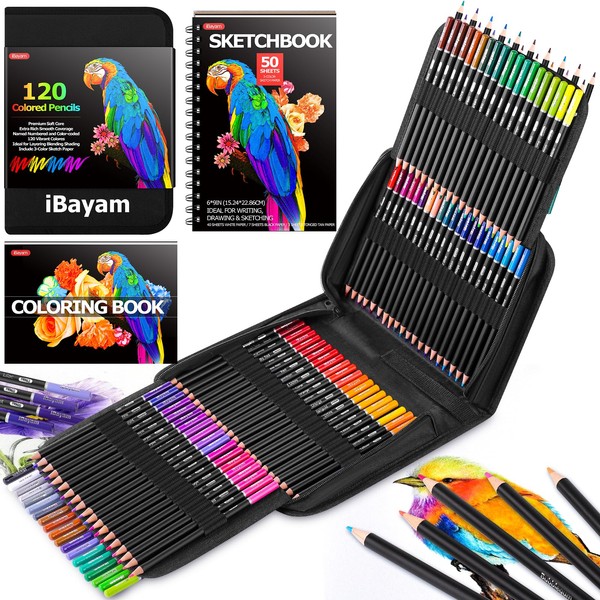 iBayam 123-Pack Colored Pencils Set with Gift Case, 3-Color Sketch Pad, Coloring Book, Professional Artist Drawing Pencils Kit Art Supplies for Adults Kids Girls Teens Sketching Shading Blending