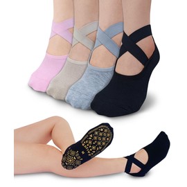 RATIVE X-Cross Anti Slip Non Skid Barre Yoga Pilates Hospital Socks with grips for Adults Men Women (Small, 4-pairs/Solid Assorted)
