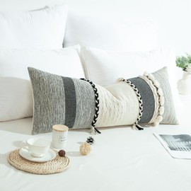 VOGOL Black Throw Pillow Cover for Bed, Boho Tassel Long Body Lumbar Cushion Cover for Bedding, Woven Textured Decorative Pillowcase Cover, 1 Piece, 14x36 Inches