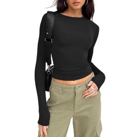 Trendy Queen Womens Long Sleeve Shirts Basic Tees Crop Tops Going Out Spring 2025 Workout Outfits Y2k Clothes Black 2XL